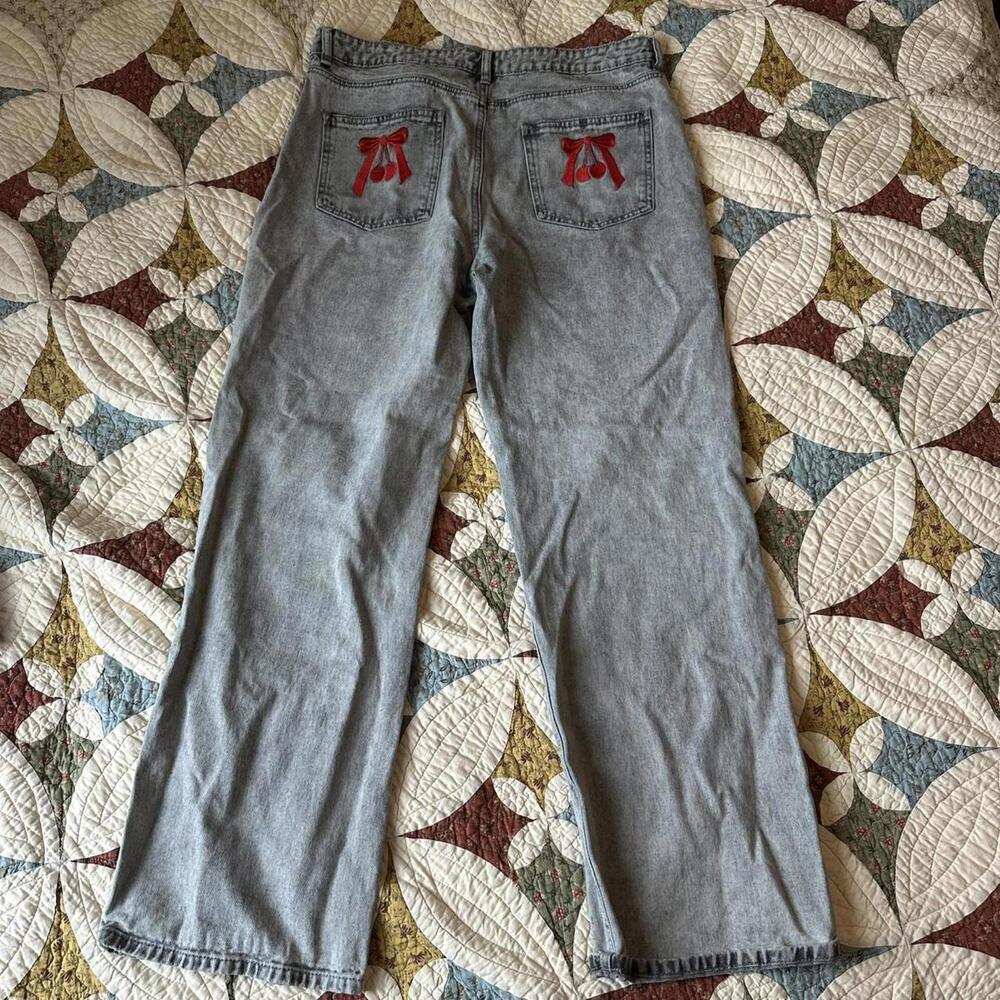 Ashley Mason Coquette cherry embroidered wide leg grey denim jeans size 10